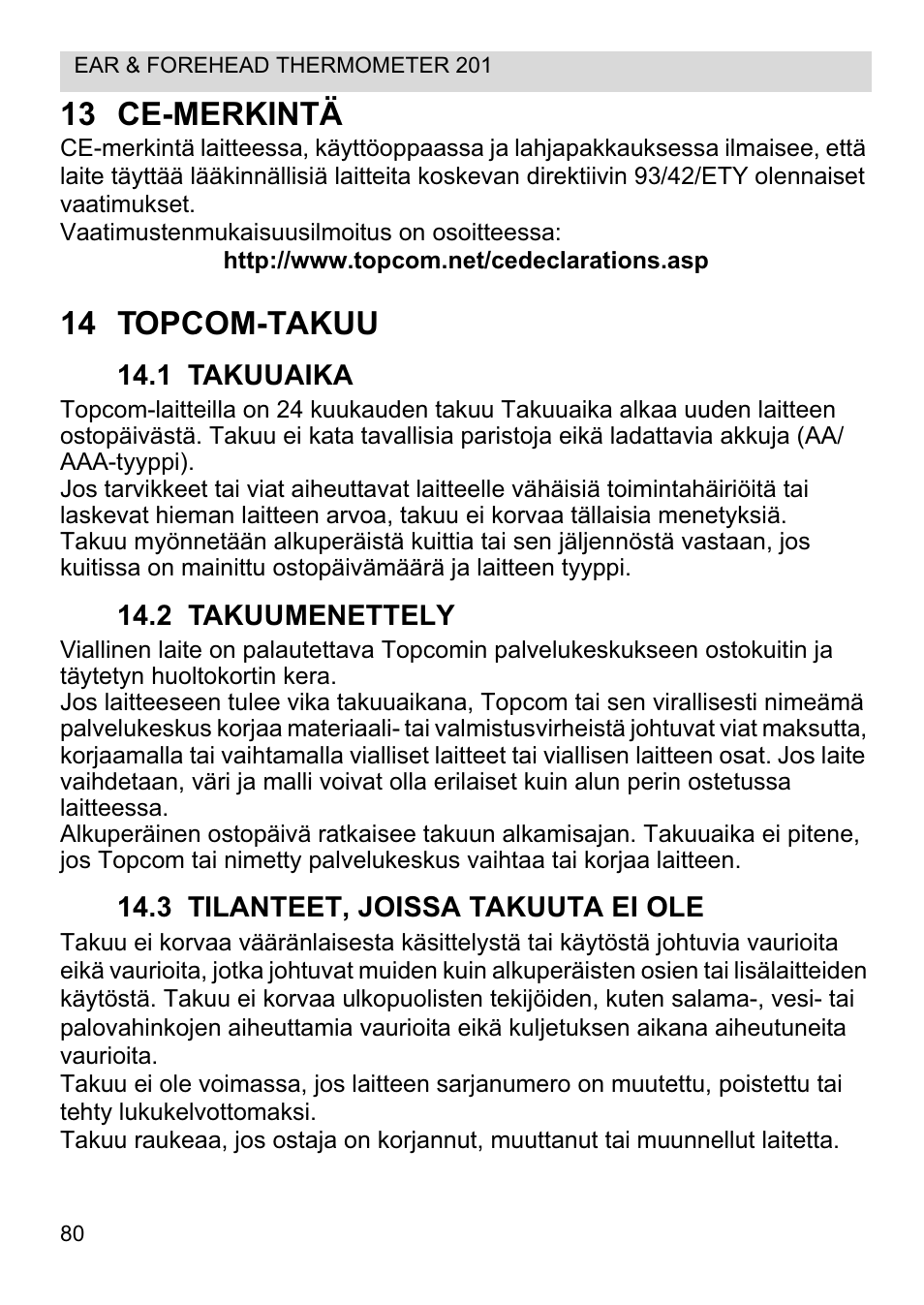 13 ce-merkintä, 14 topcom-takuu | Topcom CE0123 User Manual | Page 80 / 156