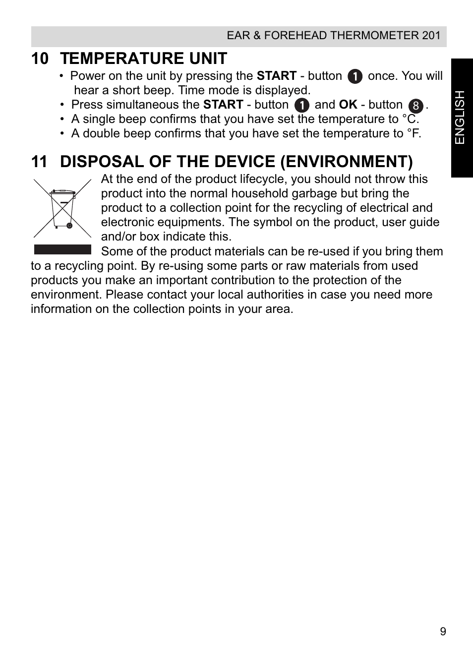10 temperature unit, 11 disposal of the device (environment) | Topcom CE0123 User Manual | Page 9 / 156