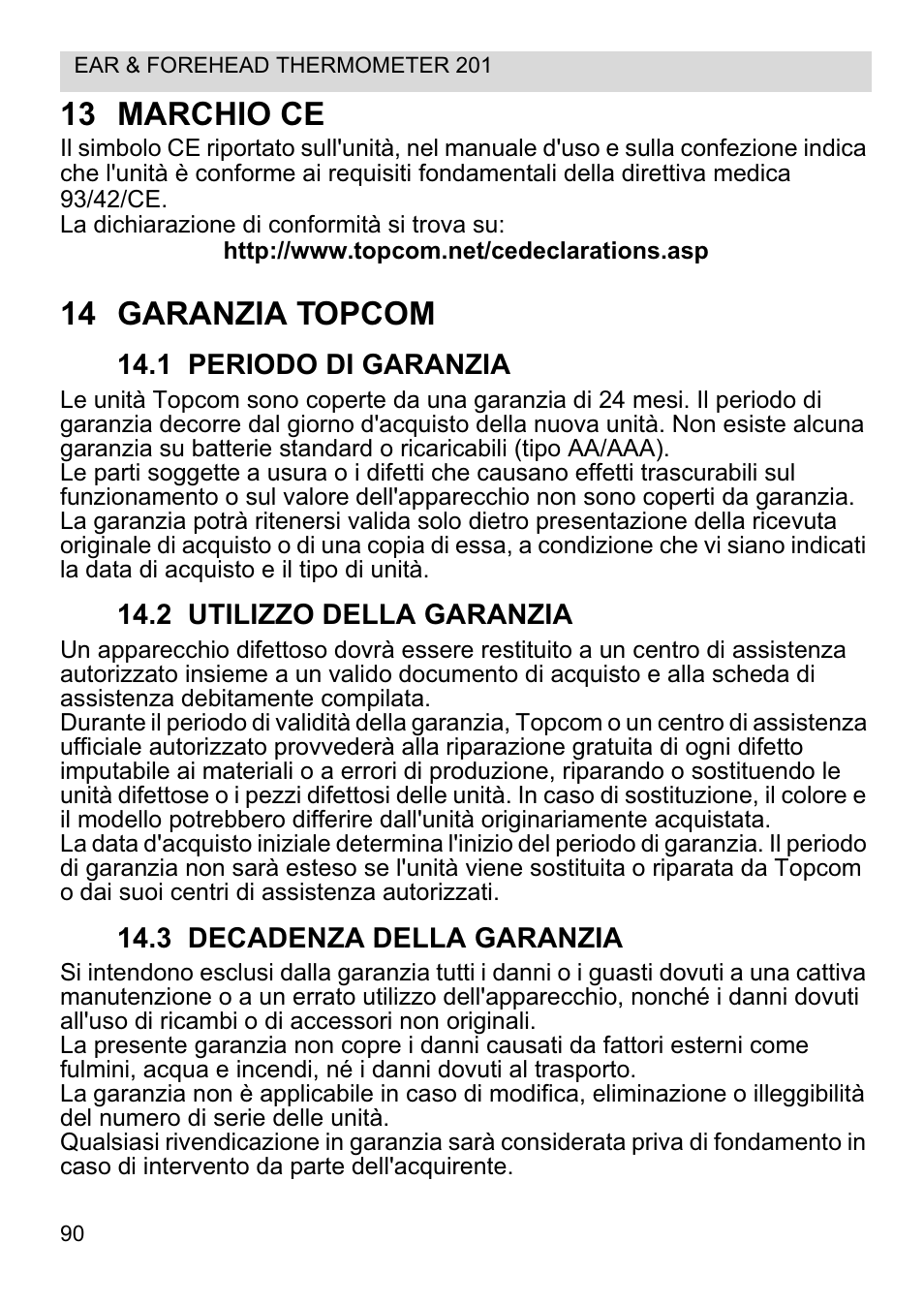 13 marchio ce, 14 garanzia topcom | Topcom CE0123 User Manual | Page 90 / 156