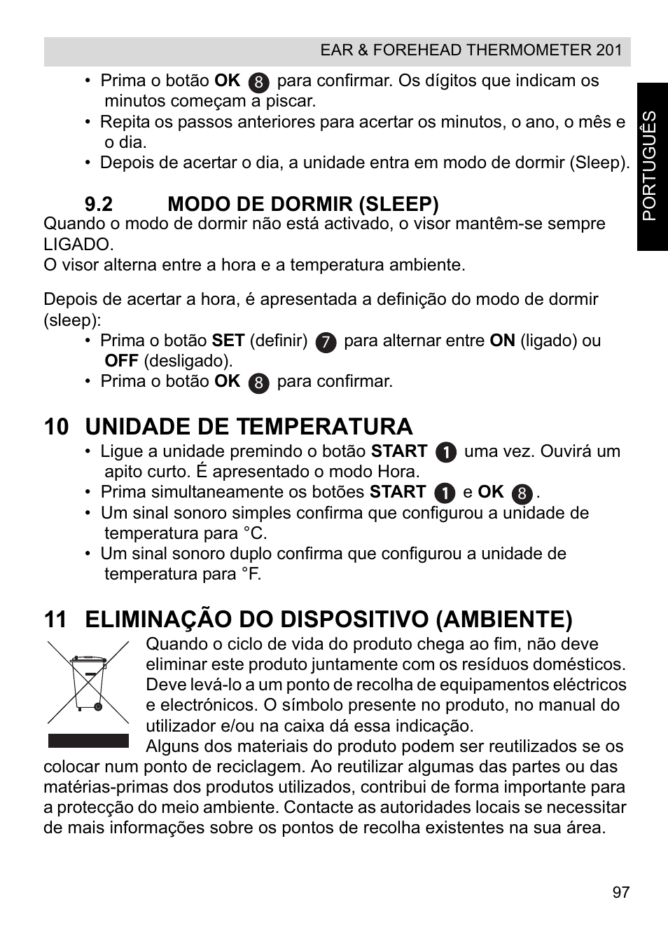 10 unidade de temperatura, 11 eliminação do dispositivo (ambiente) | Topcom CE0123 User Manual | Page 97 / 156