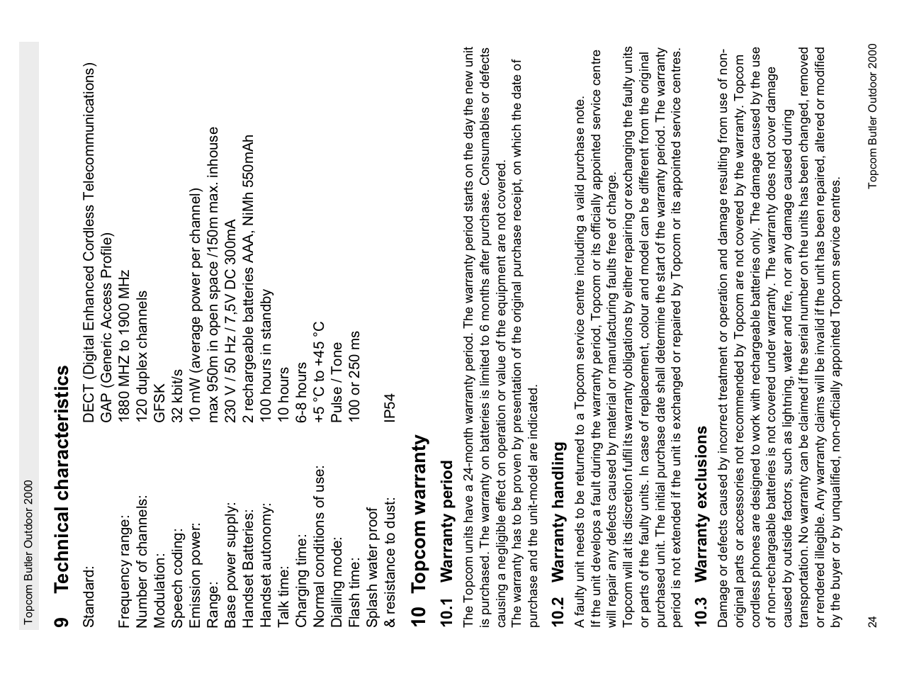 9t echnical characteristics, 10 t opcom warranty | Topcom Butler 1.1 User Manual | Page 24 / 28