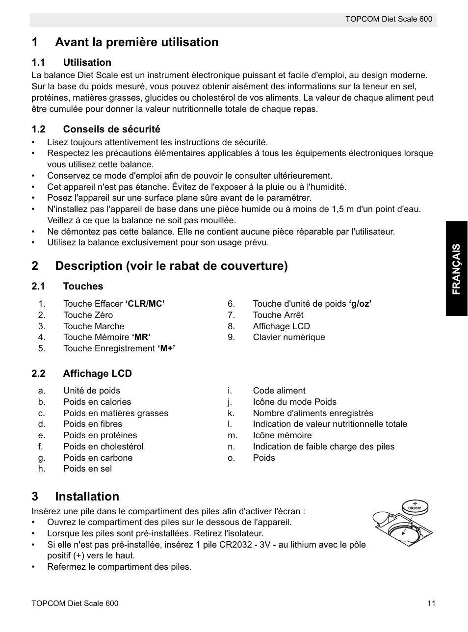 1avant la première utilisation, 2description (voir le rabat de couverture), 3installation | Topcom 600 User Manual | Page 11 / 84