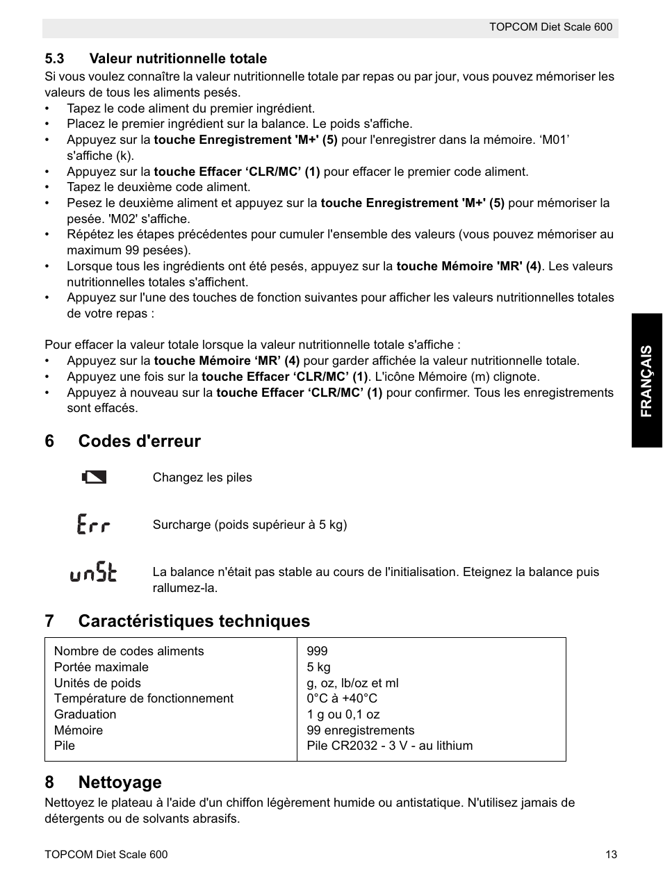 6codes d'erreur, 7caractéristiques techniques 8 nettoyage | Topcom 600 User Manual | Page 13 / 84