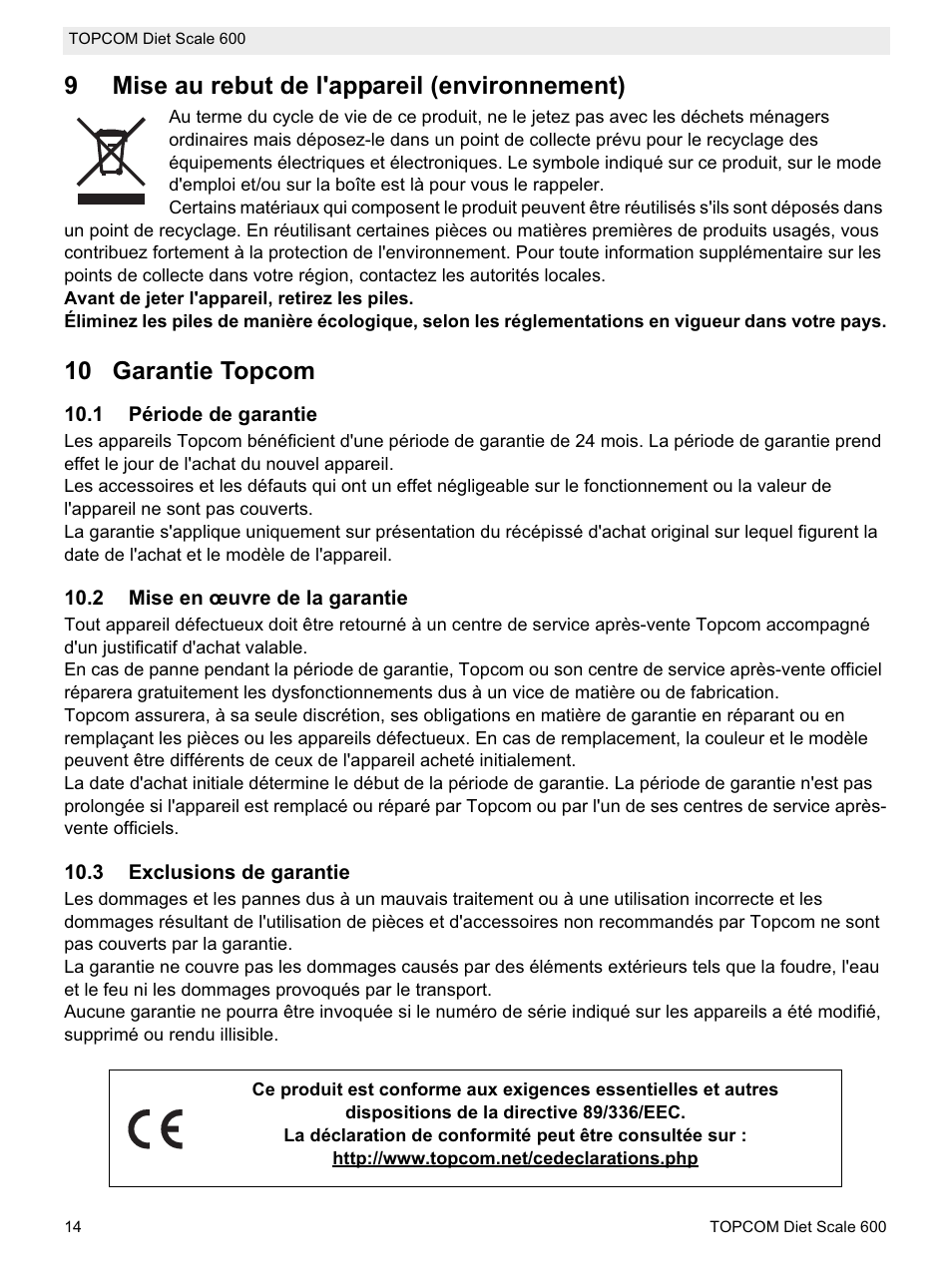 9mise au rebut de l'appareil (environnement), 10 garantie topcom | Topcom 600 User Manual | Page 14 / 84