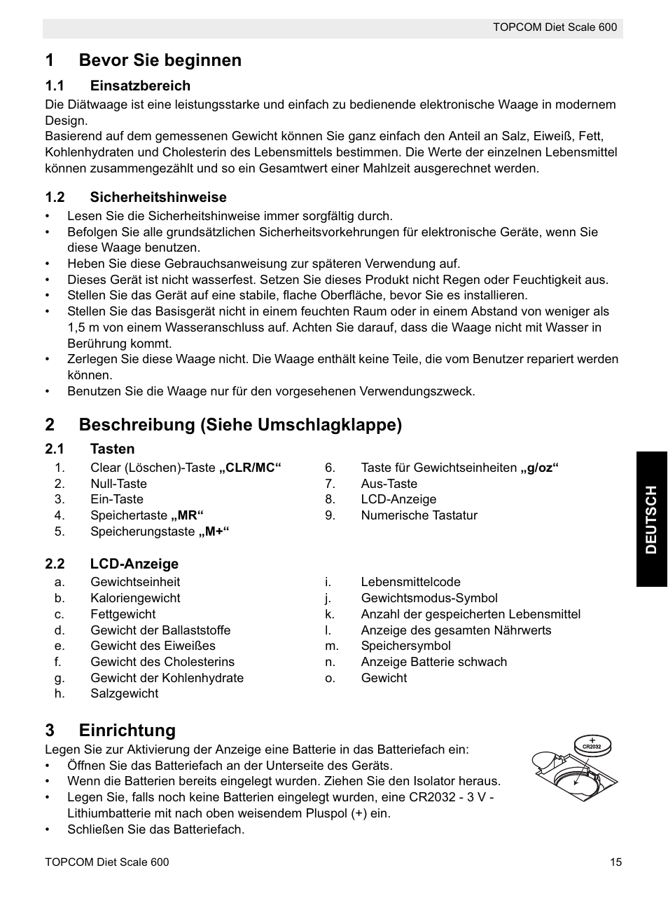 1bevor sie beginnen, 2beschreibung (siehe umschlagklappe), 3einrichtung | Topcom 600 User Manual | Page 15 / 84