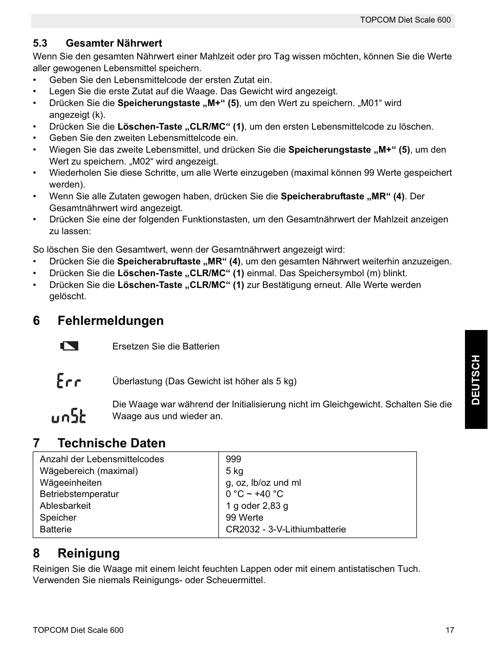 6fehlermeldungen, 7technische daten 8 reinigung | Topcom 600 User Manual | Page 17 / 84