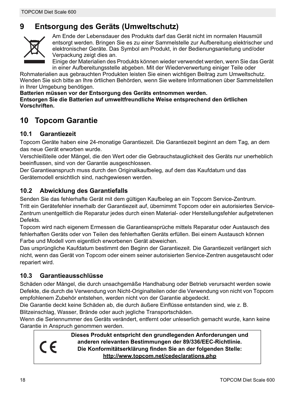 9entsorgung des geräts (umweltschutz), 10 topcom garantie | Topcom 600 User Manual | Page 18 / 84