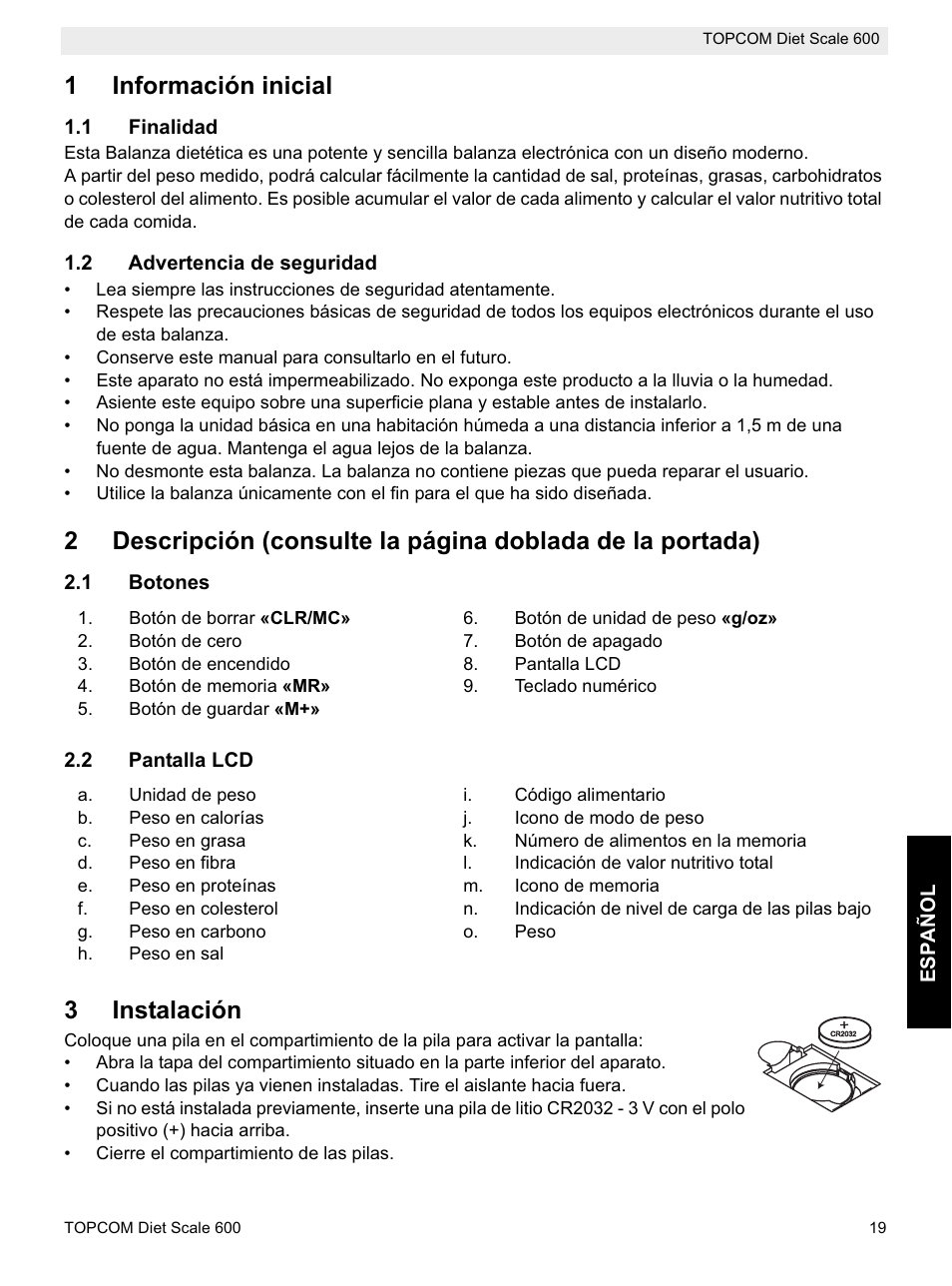 1información inicial, 3instalación | Topcom 600 User Manual | Page 19 / 84