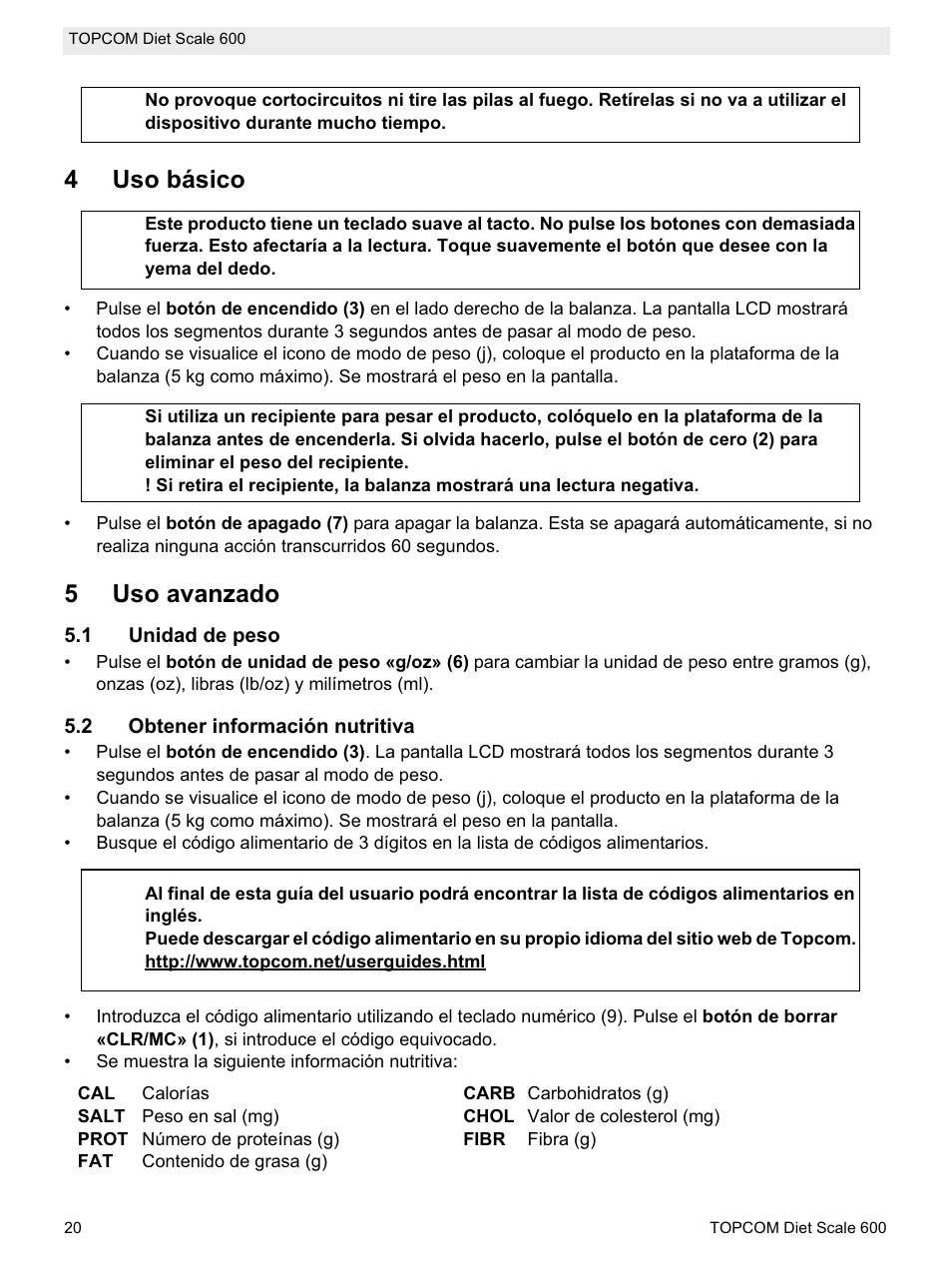 4uso básico, 5uso avanzado | Topcom 600 User Manual | Page 20 / 84