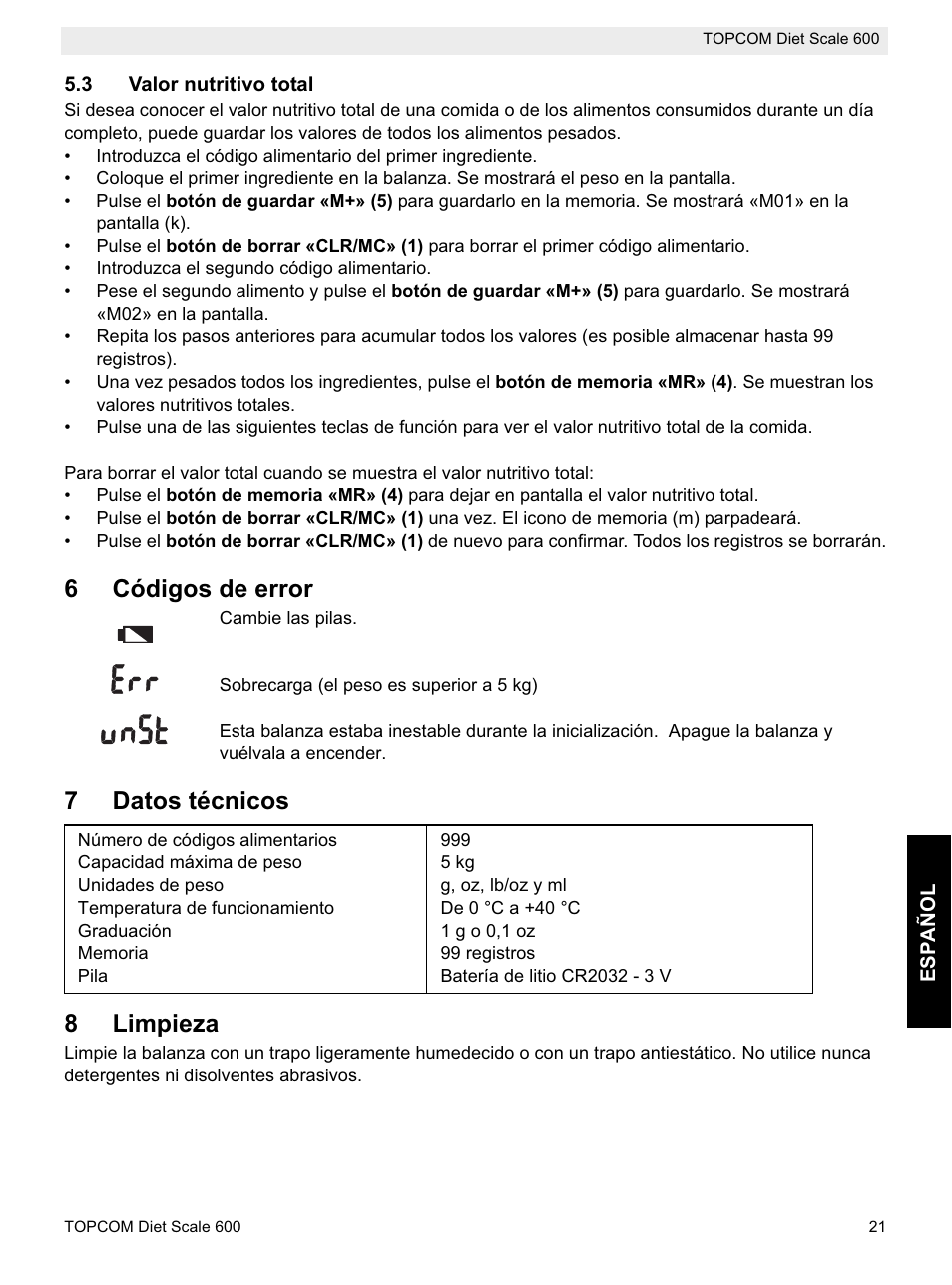 6códigos de error, 7datos técnicos 8 limpieza | Topcom 600 User Manual | Page 21 / 84