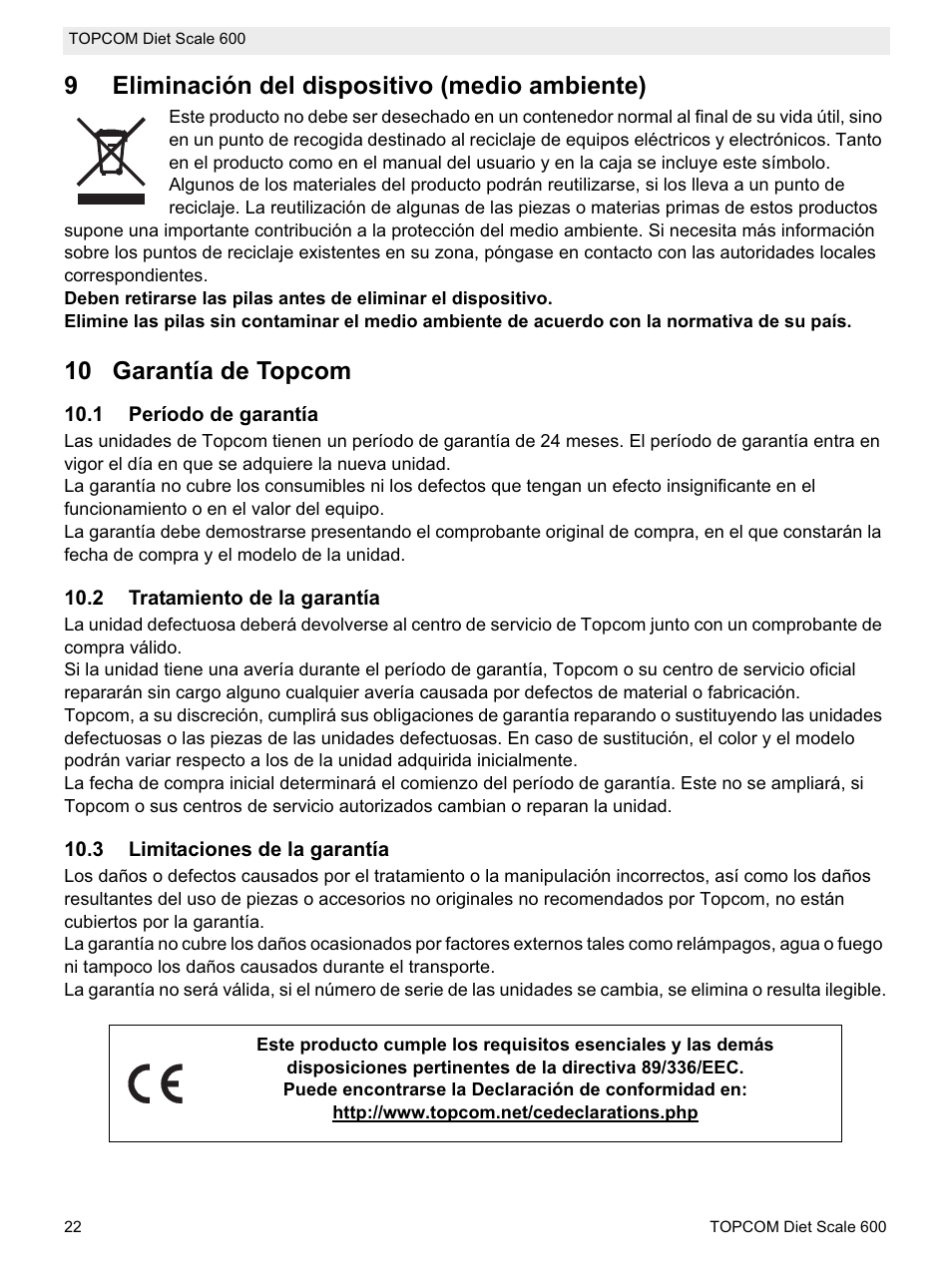 9eliminación del dispositivo (medio ambiente), 10 garantía de topcom | Topcom 600 User Manual | Page 22 / 84