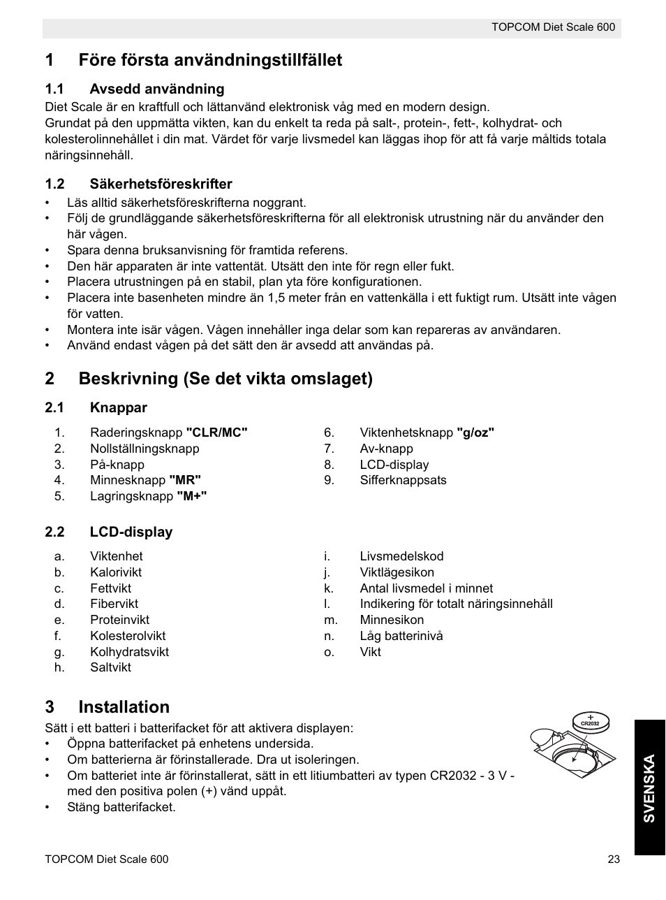 1före första användningstillfället, 2beskrivning (se det vikta omslaget), 3installation | Topcom 600 User Manual | Page 23 / 84