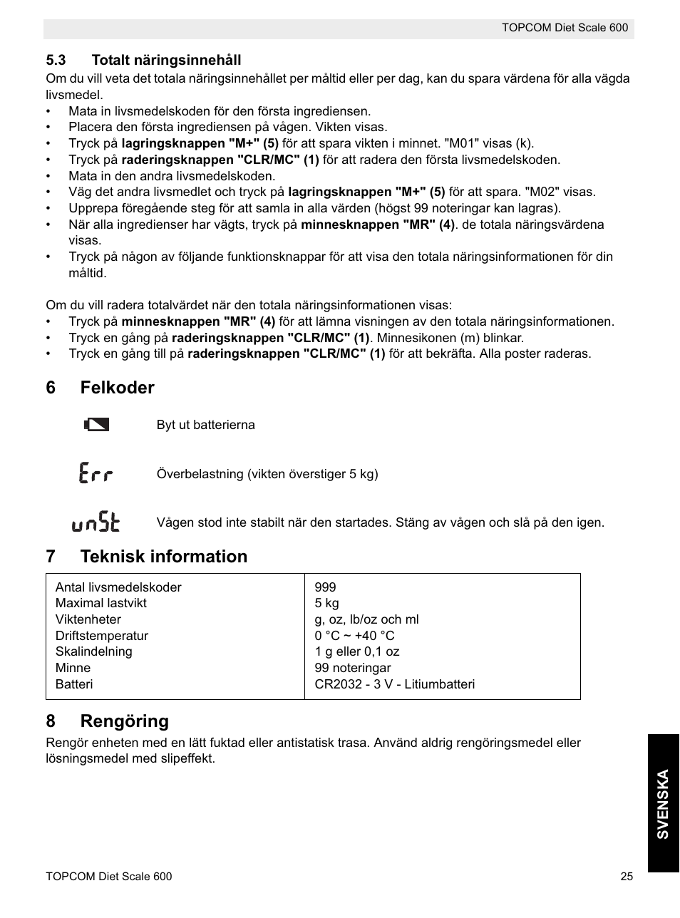 6felkoder, 7teknisk information 8 rengöring | Topcom 600 User Manual | Page 25 / 84