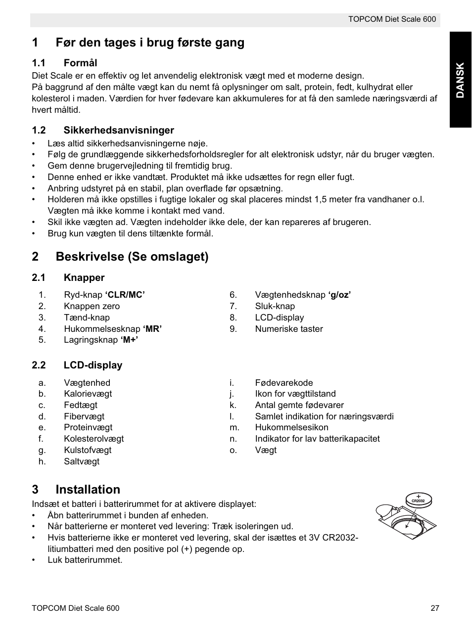 1før den tages i brug første gang, 2beskrivelse (se omslaget), 3installation | Topcom 600 User Manual | Page 27 / 84