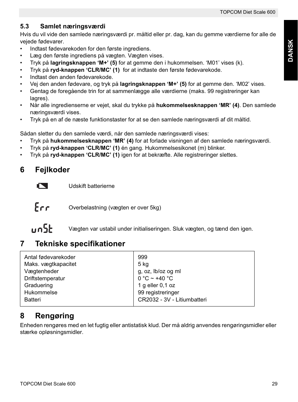 6fejlkoder, 7tekniske specifikationer 8 rengøring | Topcom 600 User Manual | Page 29 / 84