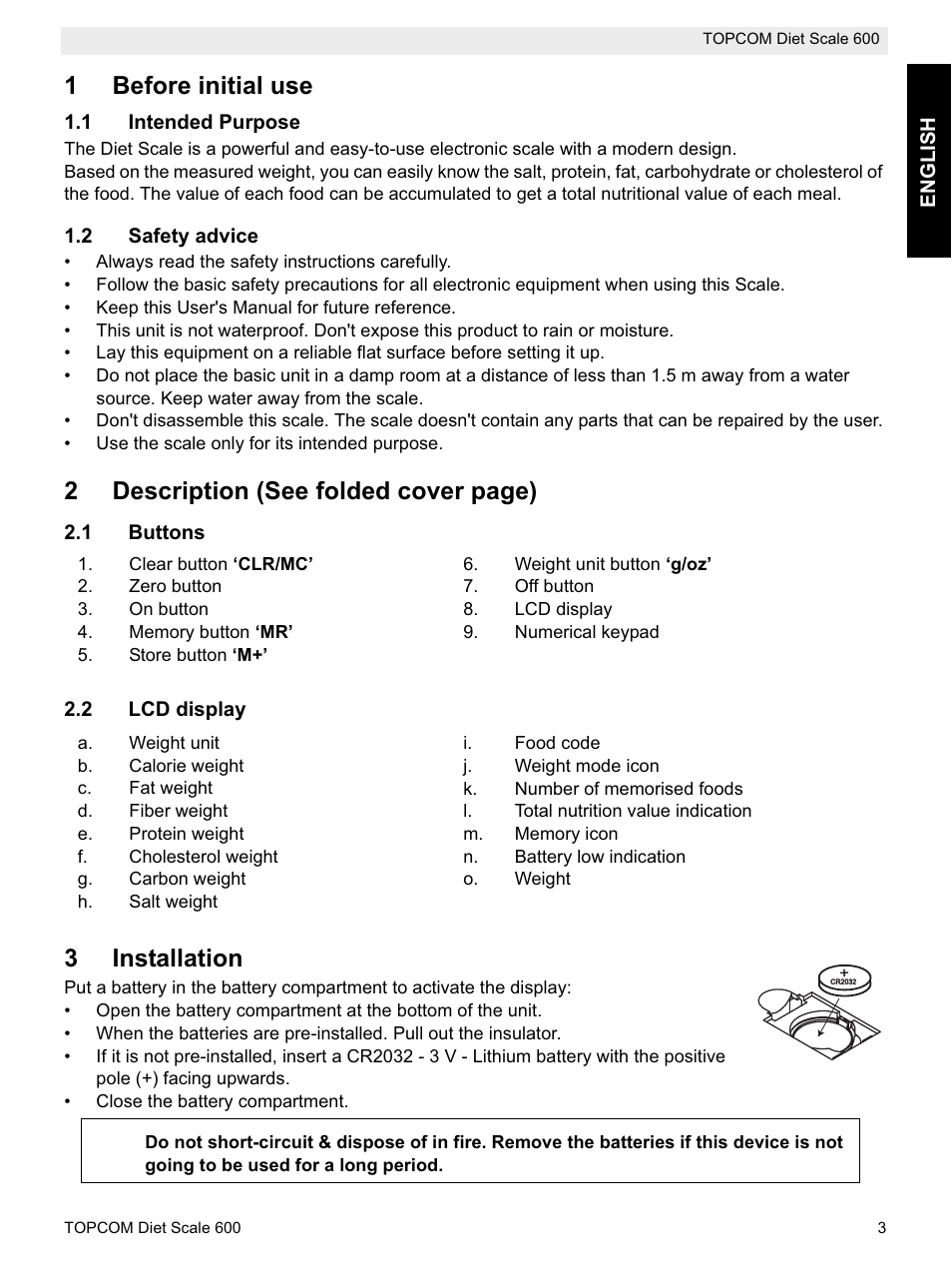 1before initial use, 2description (see folded cover page), 3installation | Topcom 600 User Manual | Page 3 / 84