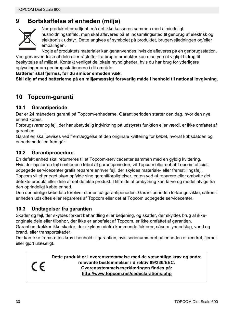 9bortskaffelse af enheden (miljø), 10 topcom-garanti | Topcom 600 User Manual | Page 30 / 84