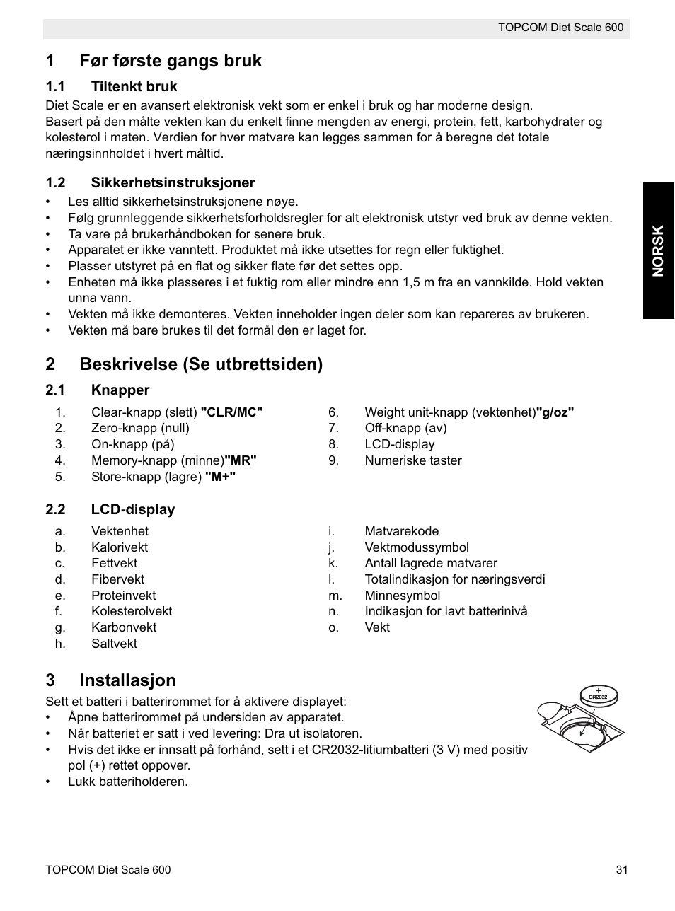 1før første gangs bruk, 2beskrivelse (se utbrettsiden), 3installasjon | Topcom 600 User Manual | Page 31 / 84