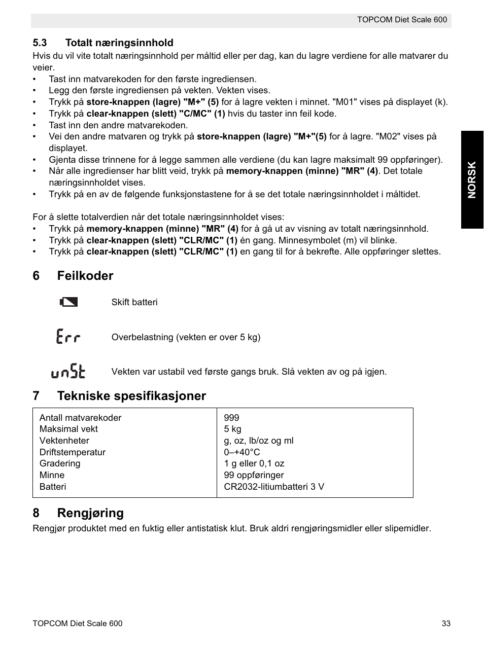 6feilkoder, 7tekniske spesifikasjoner 8 rengjøring | Topcom 600 User Manual | Page 33 / 84
