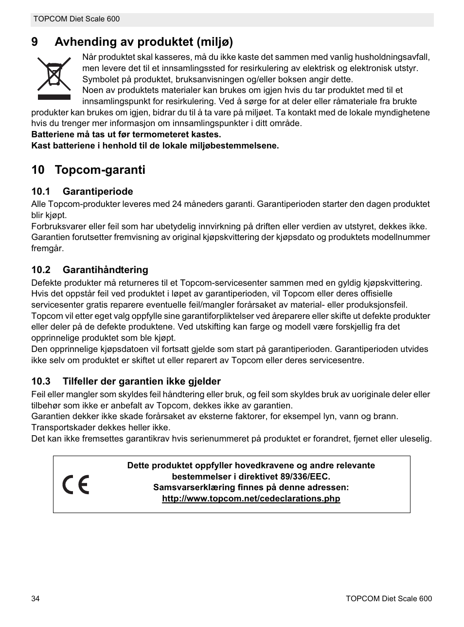 9avhending av produktet (miljø), 10 topcom-garanti | Topcom 600 User Manual | Page 34 / 84