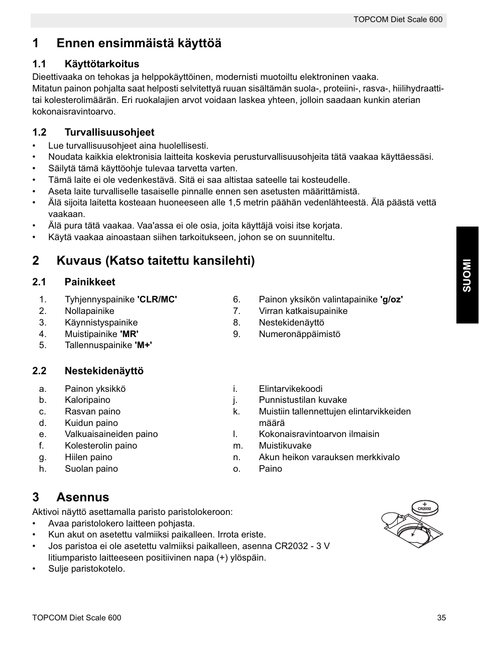 1ennen ensimmäistä käyttöä, 2kuvaus (katso taitettu kansilehti), 3asennus | Topcom 600 User Manual | Page 35 / 84