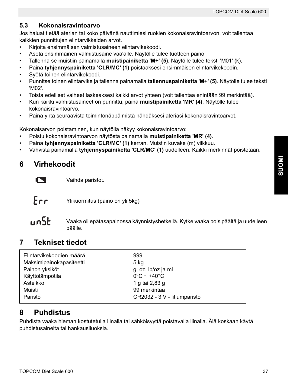 6virhekoodit, 7tekniset tiedot 8 puhdistus | Topcom 600 User Manual | Page 37 / 84