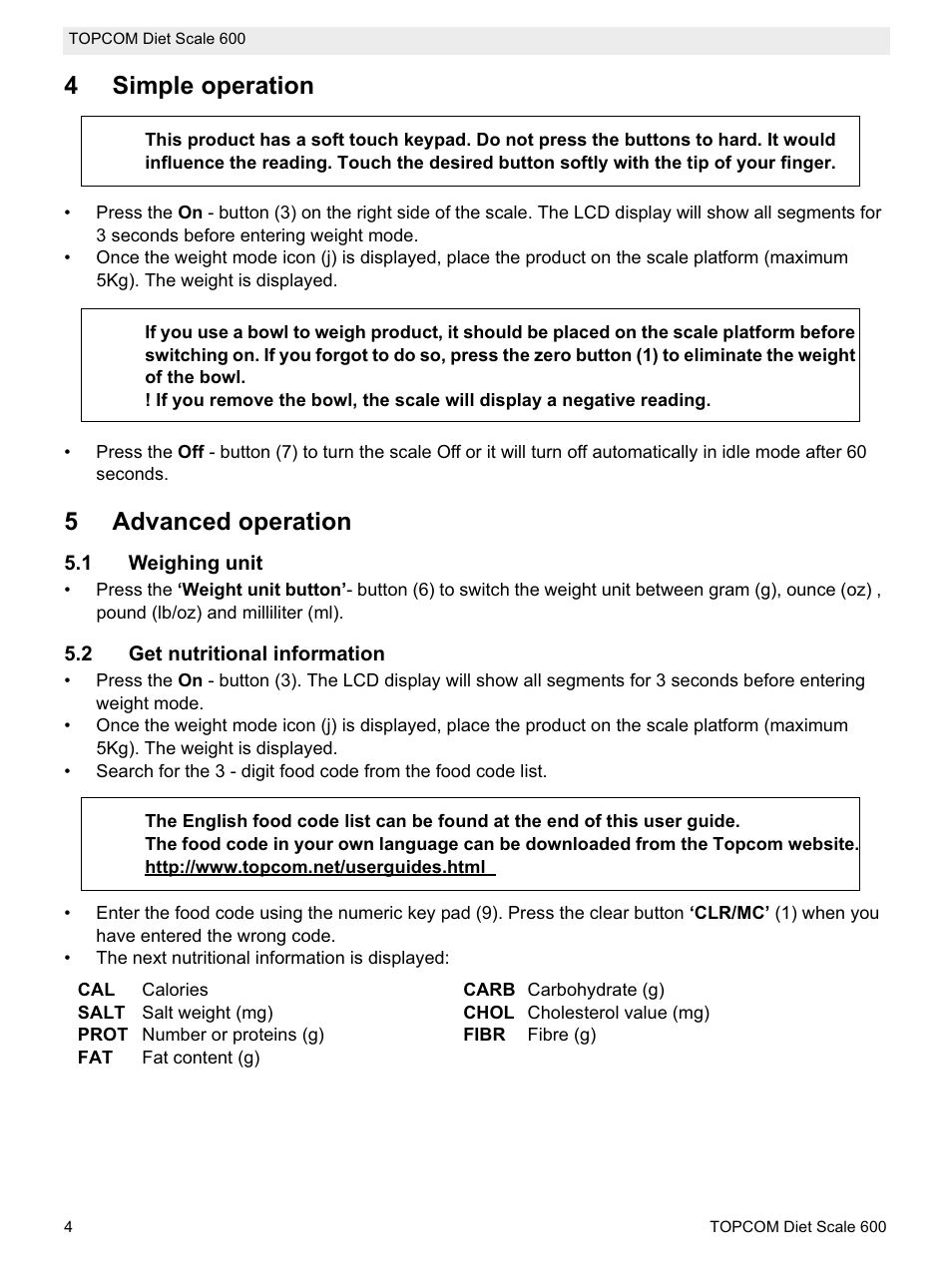 4simple operation, 5advanced operation | Topcom 600 User Manual | Page 4 / 84