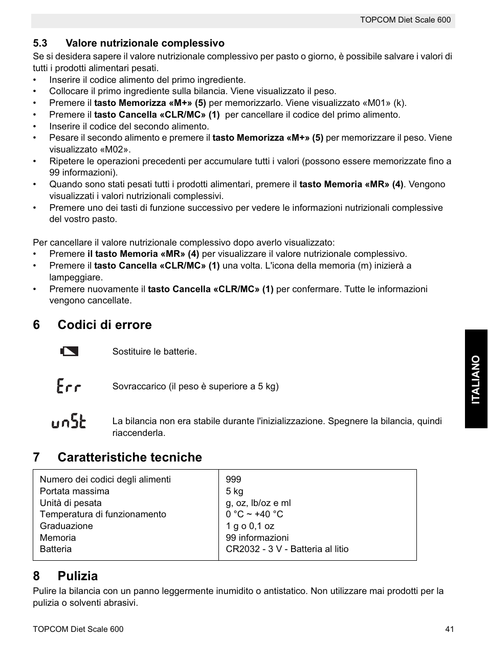 6codici di errore, 7caratteristiche tecniche 8 pulizia | Topcom 600 User Manual | Page 41 / 84