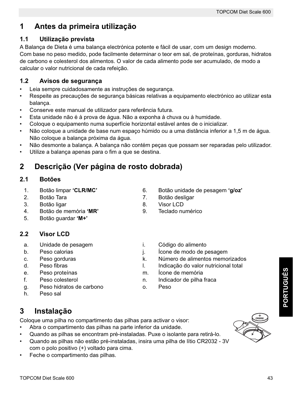 1antes da primeira utilização, 2descrição (ver página de rosto dobrada), 3instalação | Topcom 600 User Manual | Page 43 / 84