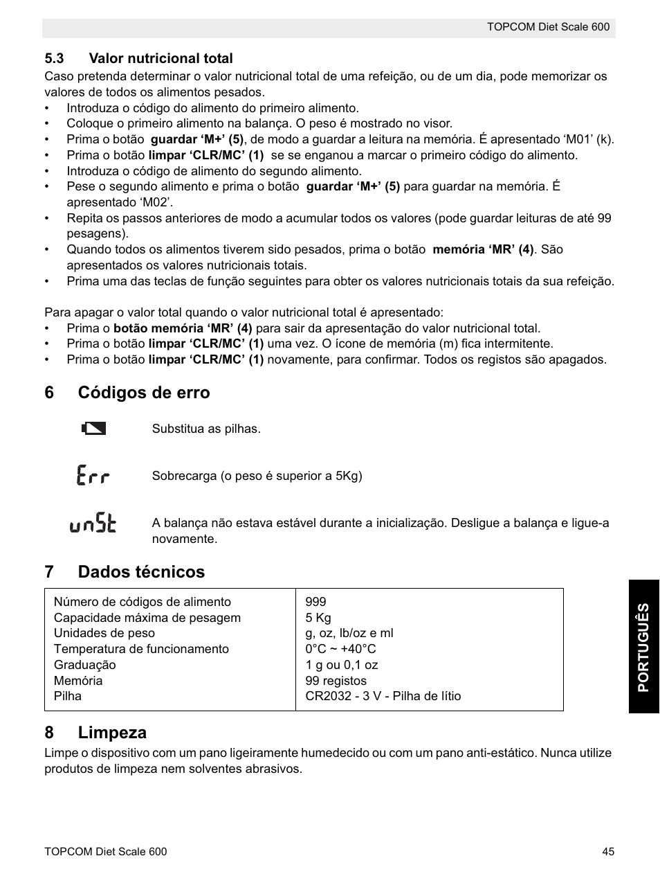 6códigos de erro, 7dados técnicos 8 limpeza | Topcom 600 User Manual | Page 45 / 84