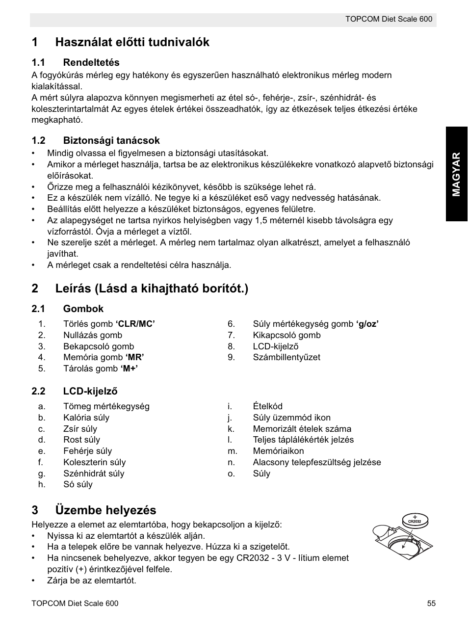 1használat elętti tudnivalók, 2leírás (lásd a kihajtható borítót.), 3üzembe helyezés | Topcom 600 User Manual | Page 55 / 84