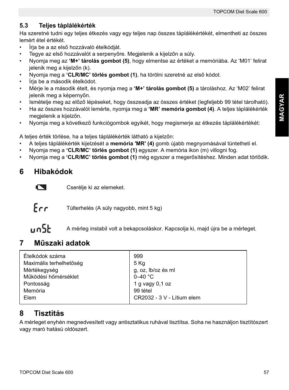 6hibakódok, 7mħszaki adatok 8 tisztítás | Topcom 600 User Manual | Page 57 / 84