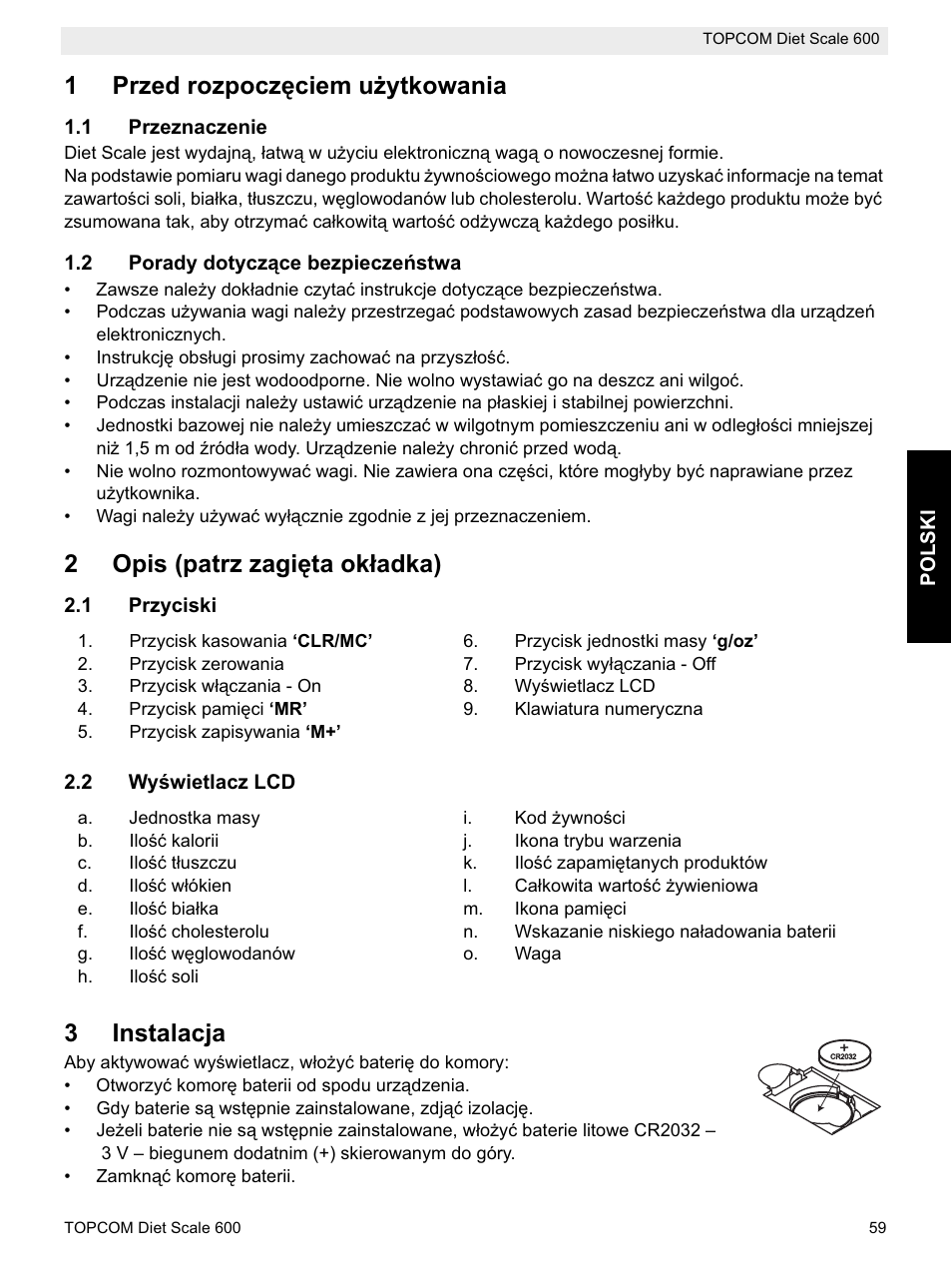 1przed rozpoczċciem uīytkowania, 2opis (patrz zagiċta okáadka), 3instalacja | Topcom 600 User Manual | Page 59 / 84