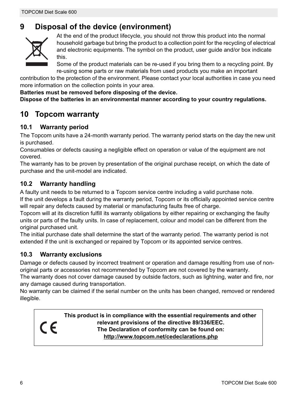 9disposal of the device (environment), 10 topcom warranty | Topcom 600 User Manual | Page 6 / 84