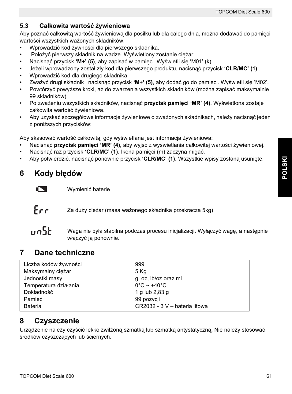 6kody báċdów, 7dane techniczne 8 czyszczenie | Topcom 600 User Manual | Page 61 / 84