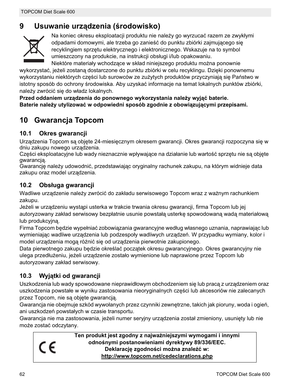 9usuwanie urządzenia (ğrodowisko), 10 gwarancja topcom | Topcom 600 User Manual | Page 62 / 84
