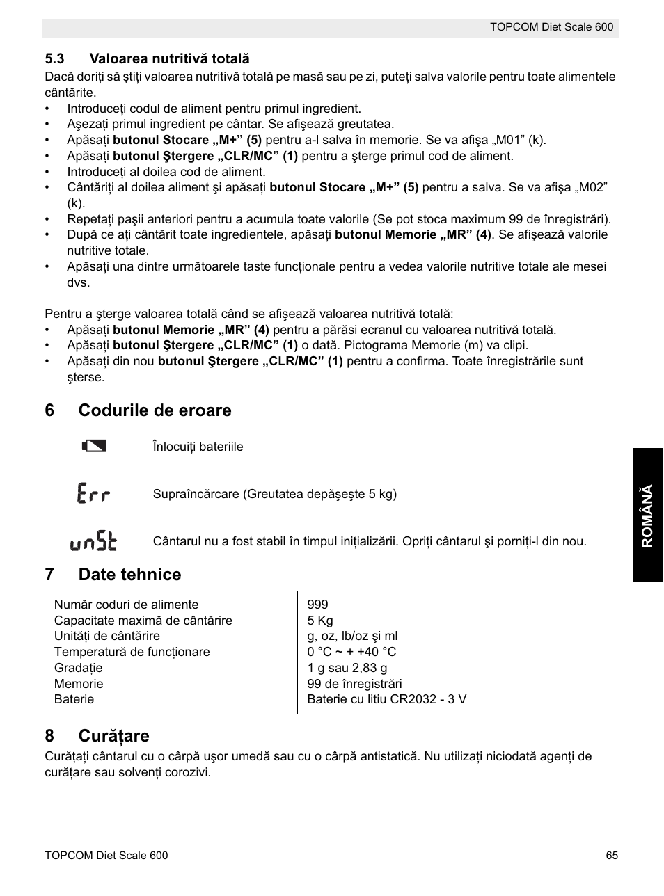 6codurile de eroare, 7date tehnice 8 curăġare | Topcom 600 User Manual | Page 65 / 84