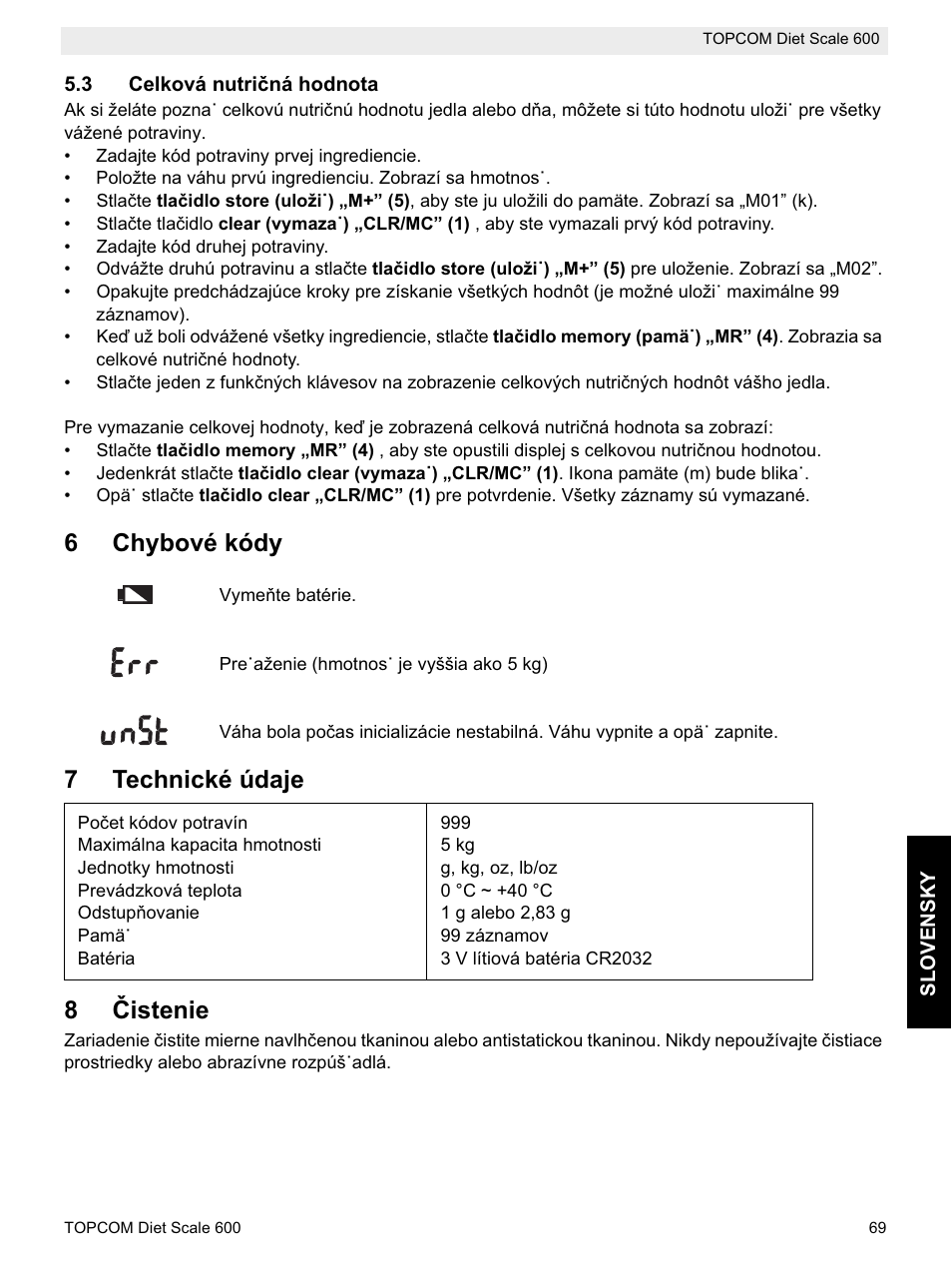 6chybové kódy, 7technické údaje 8 ýistenie | Topcom 600 User Manual | Page 69 / 84