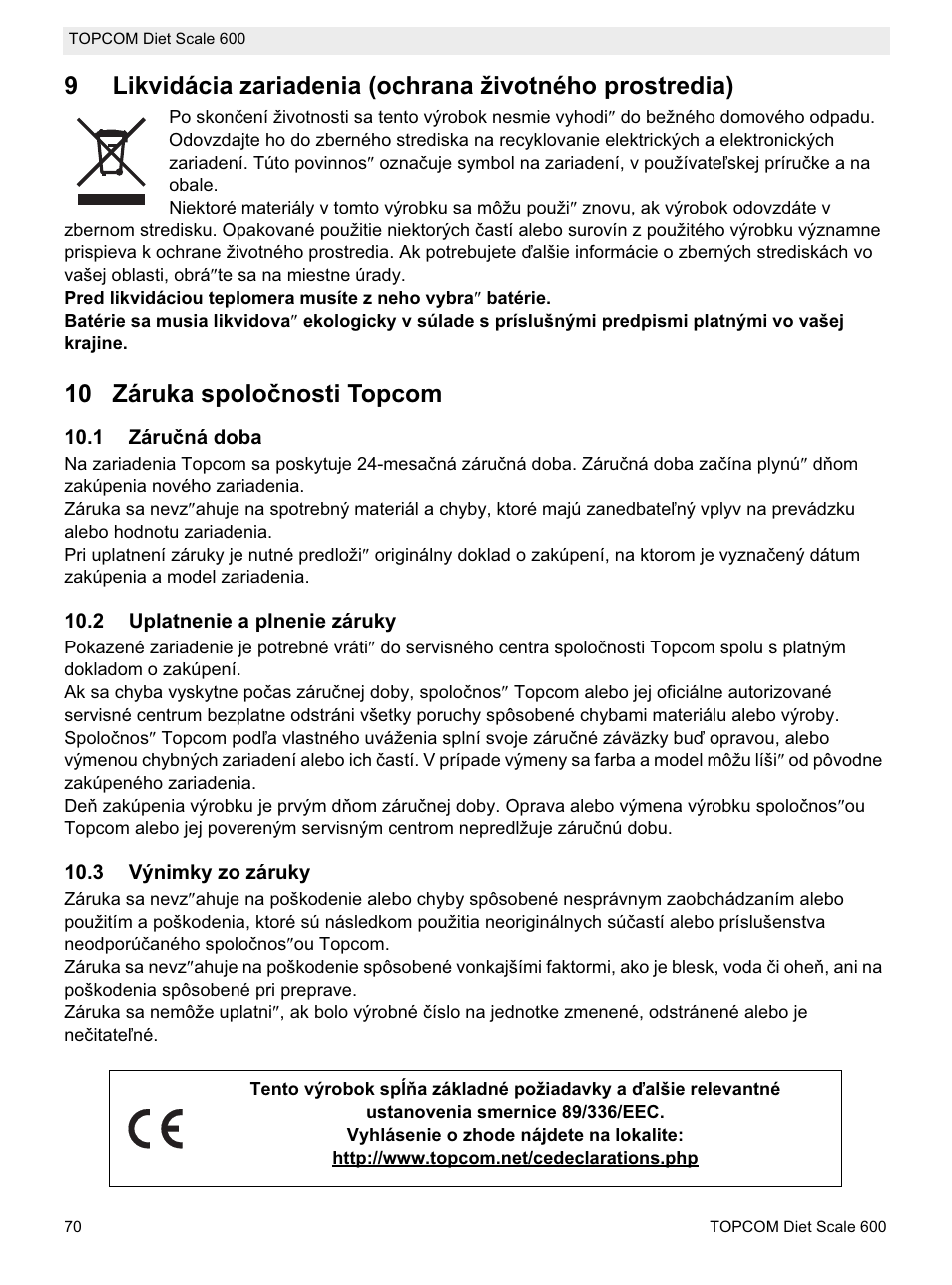 10 záruka spoloþnosti topcom | Topcom 600 User Manual | Page 70 / 84