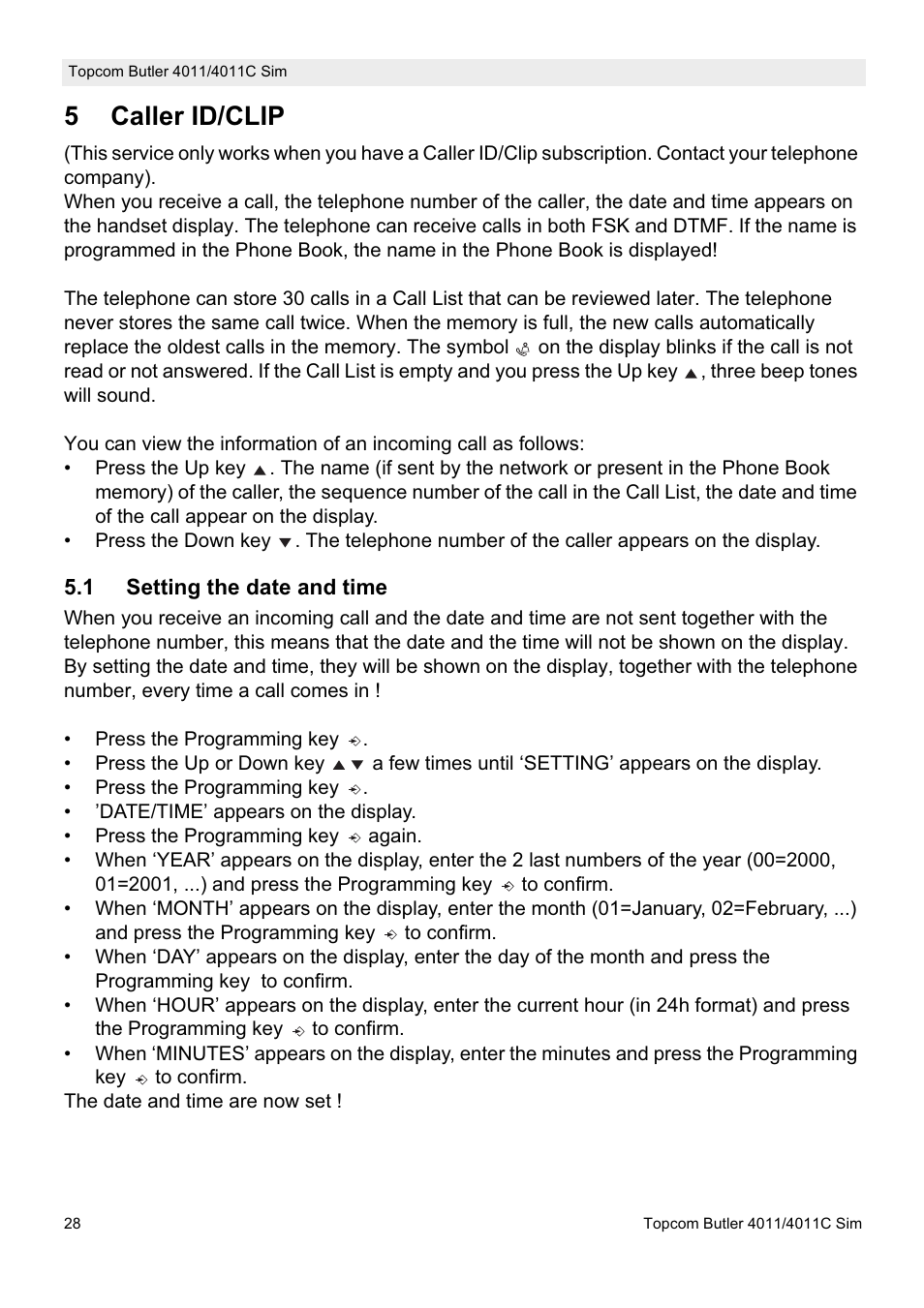 5caller id/clip | Topcom 4011C SIM User Manual | Page 28 / 36