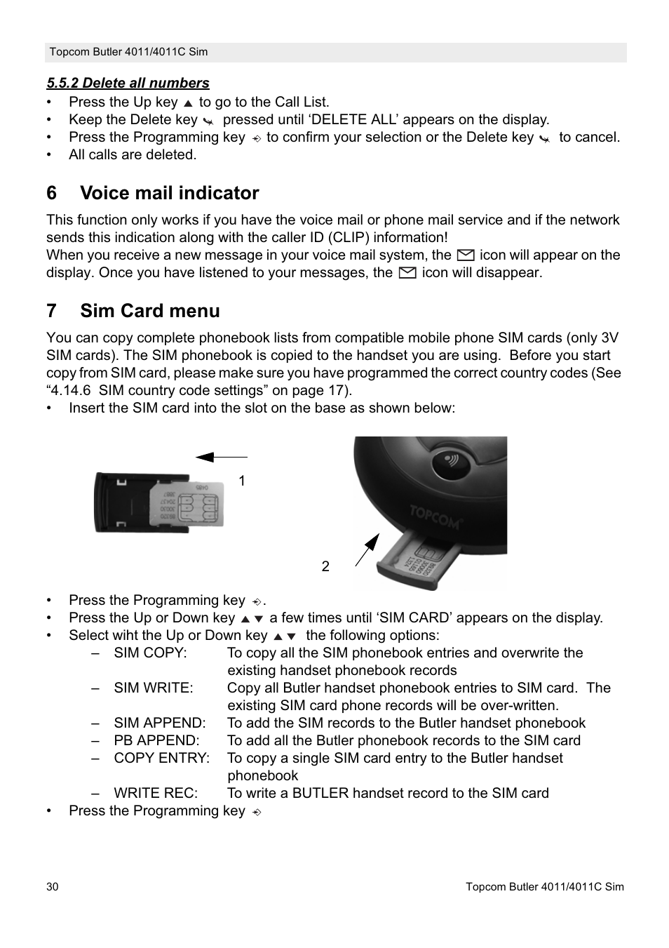 6voice mail indicator, 7sim card menu | Topcom 4011C SIM User Manual | Page 30 / 36