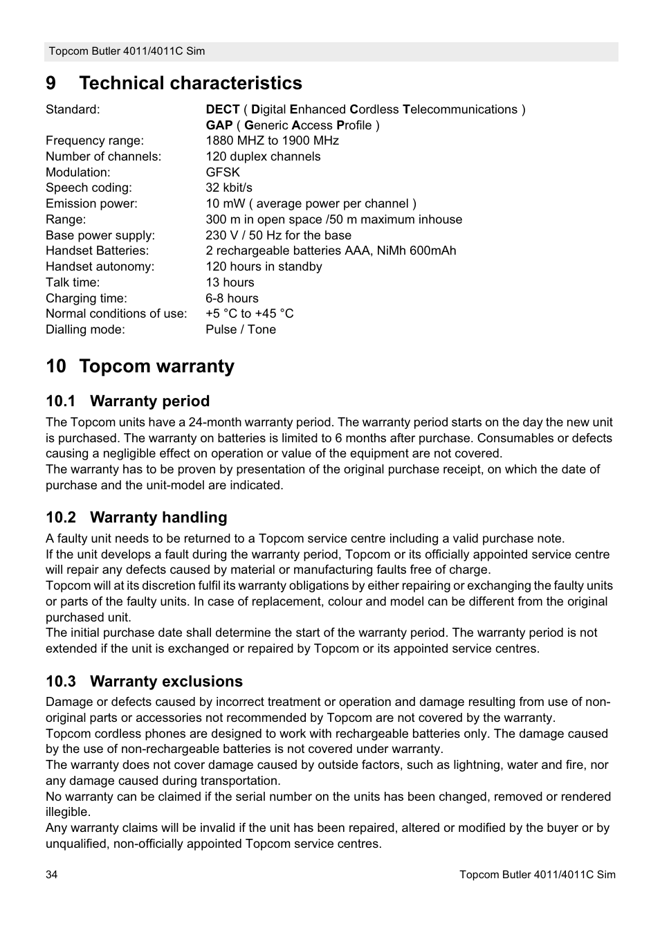 9technical characteristics, 10 topcom warranty | Topcom 4011C SIM User Manual | Page 34 / 36