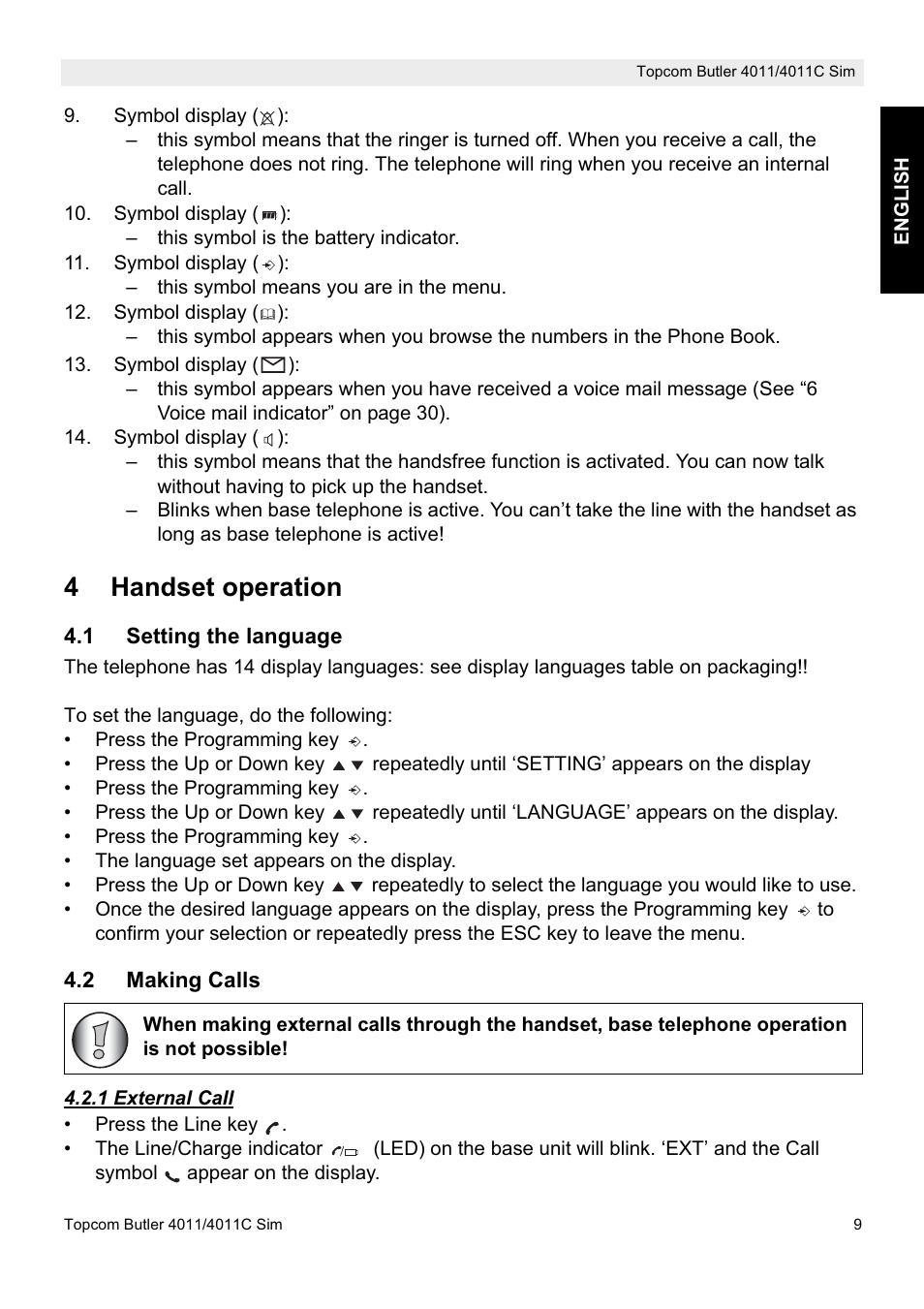 4handset operation | Topcom 4011C SIM User Manual | Page 9 / 36