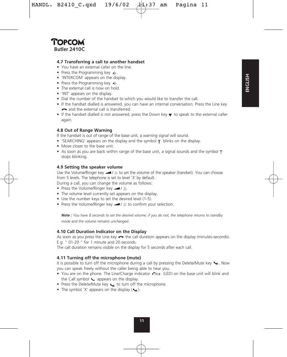 Butler 2410c | Topcom BUTLER 2410 C User Manual | Page 11 / 84
