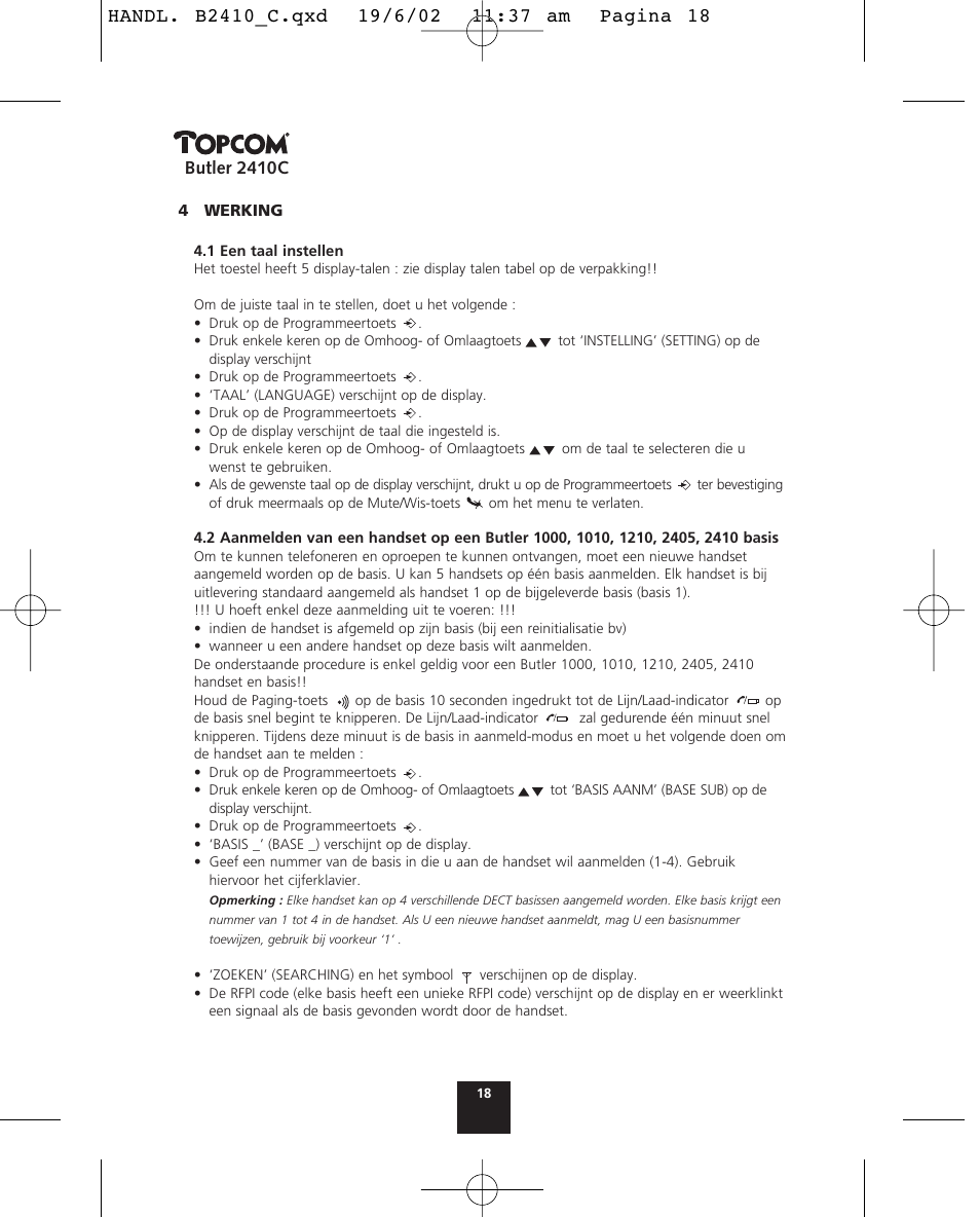 Butler 2410c | Topcom BUTLER 2410 C User Manual | Page 18 / 84