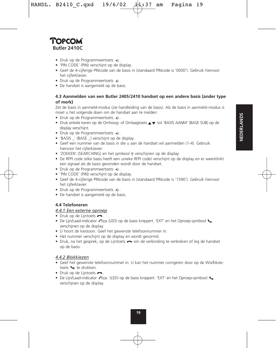 Butler 2410c | Topcom BUTLER 2410 C User Manual | Page 19 / 84