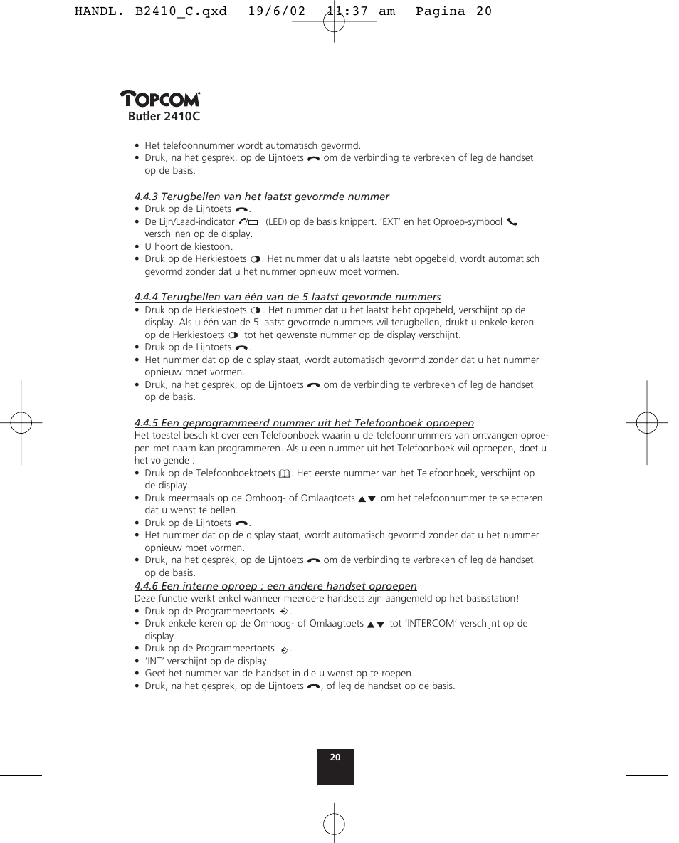 Butler 2410c | Topcom BUTLER 2410 C User Manual | Page 20 / 84