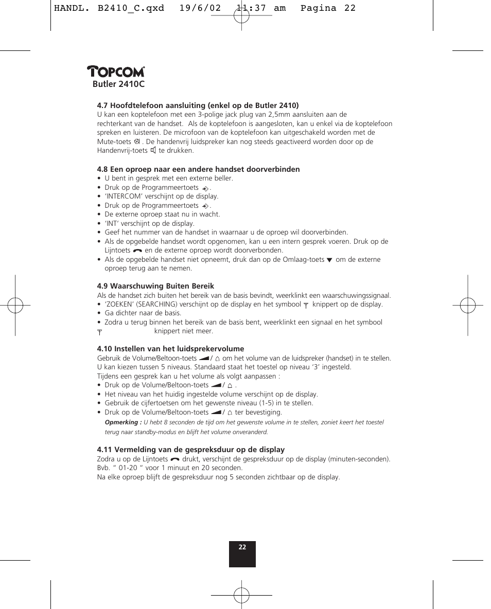 Butler 2410c | Topcom BUTLER 2410 C User Manual | Page 22 / 84