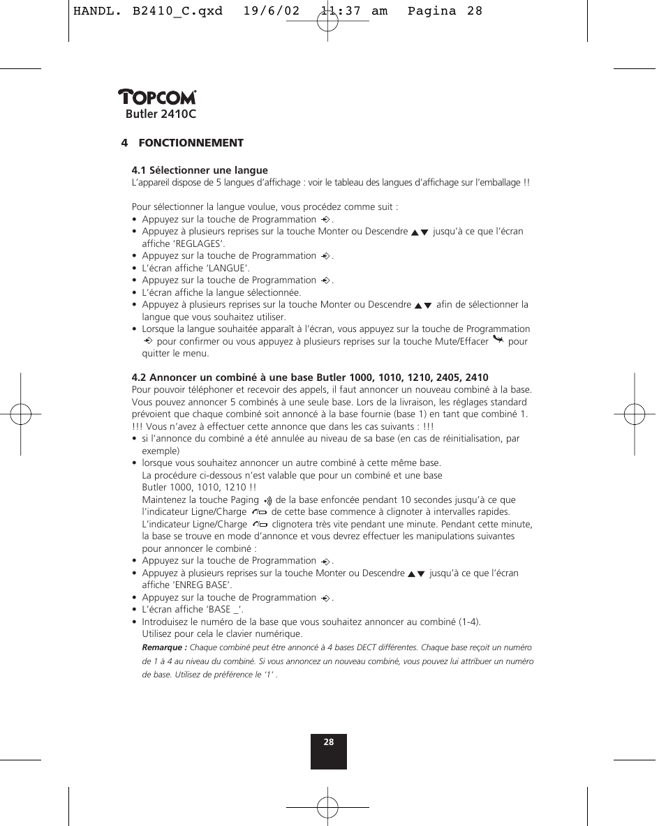 Butler 2410c | Topcom BUTLER 2410 C User Manual | Page 28 / 84