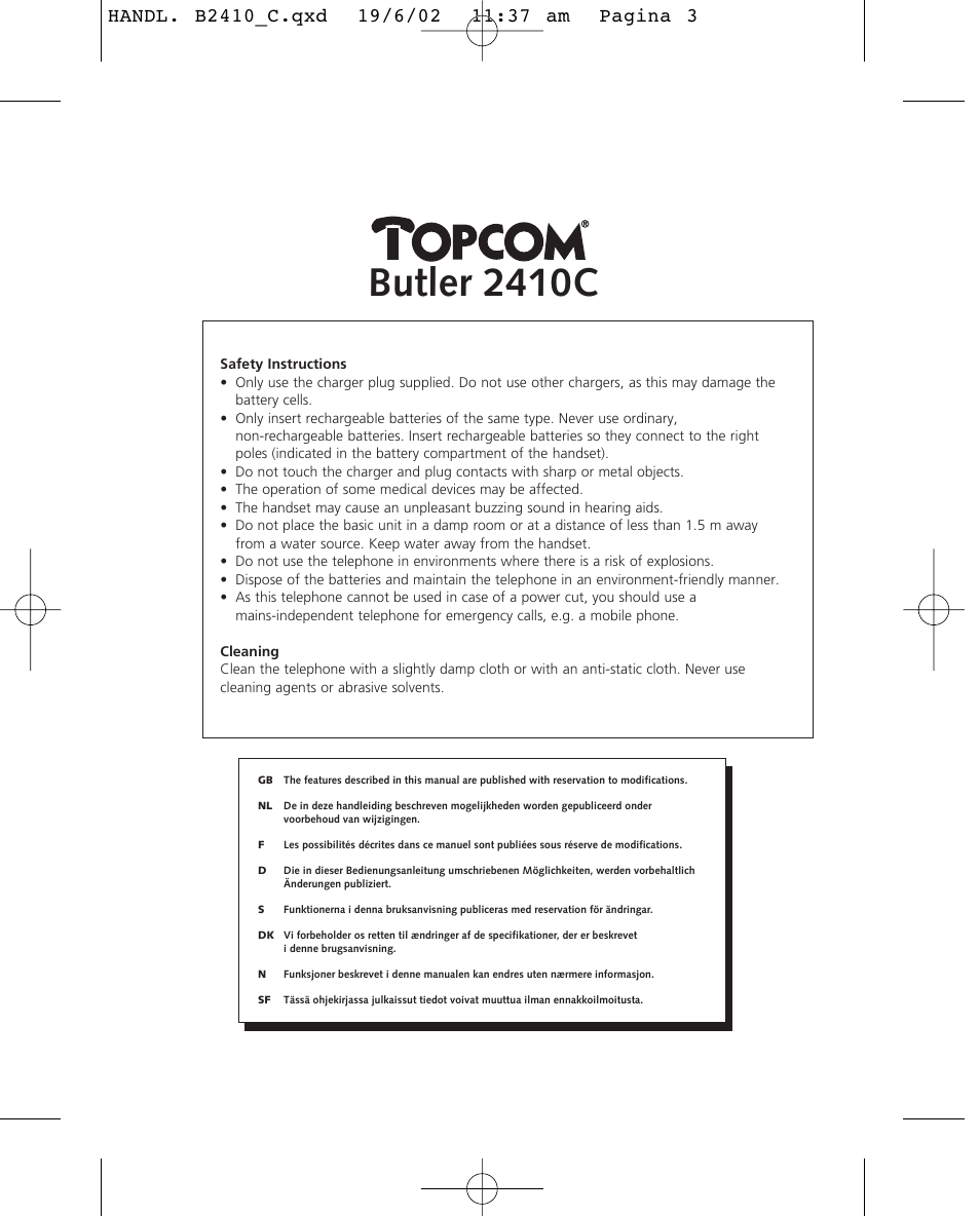 Butler 2410c | Topcom BUTLER 2410 C User Manual | Page 3 / 84